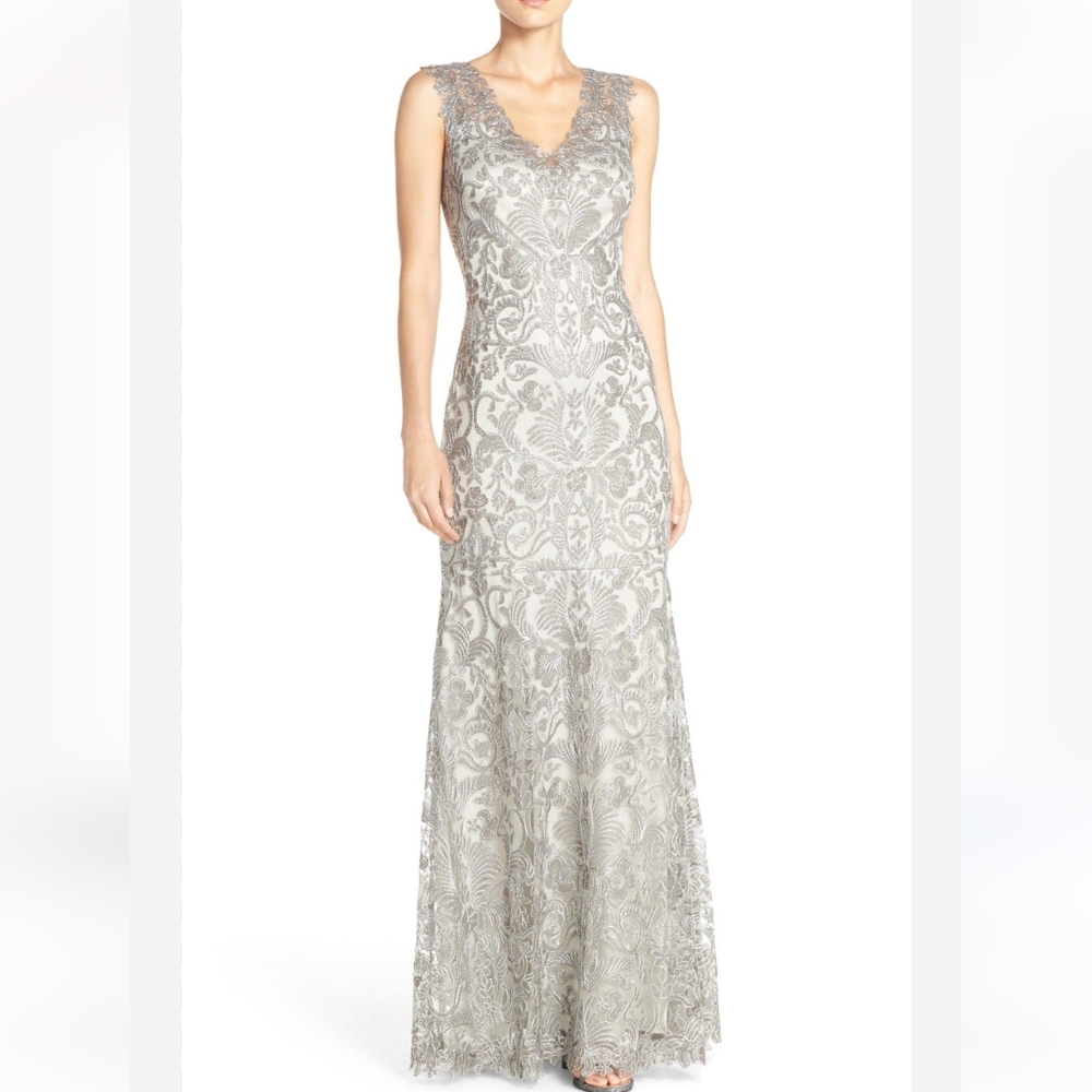 Tadashi Shoji Silver Lace Applique Formal Gown